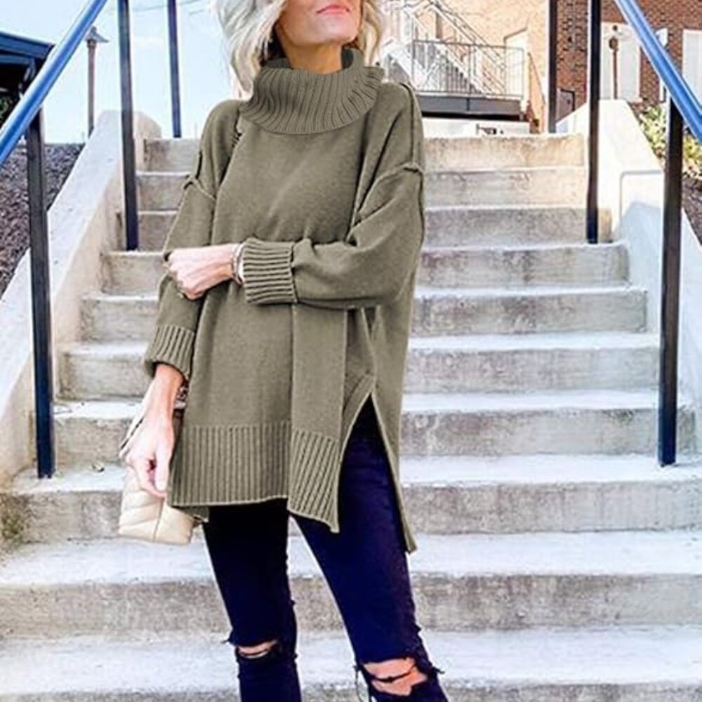 Oversized Olive Turtleneck Sweater Hoodie for Women